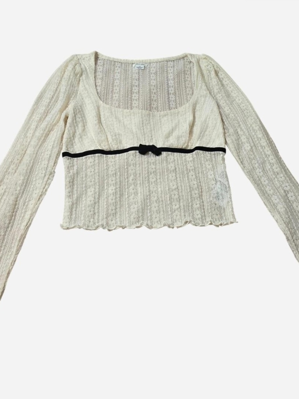 Kimchi Blue Cream Lace Long Sleeve Crop Top Black Bow Size S